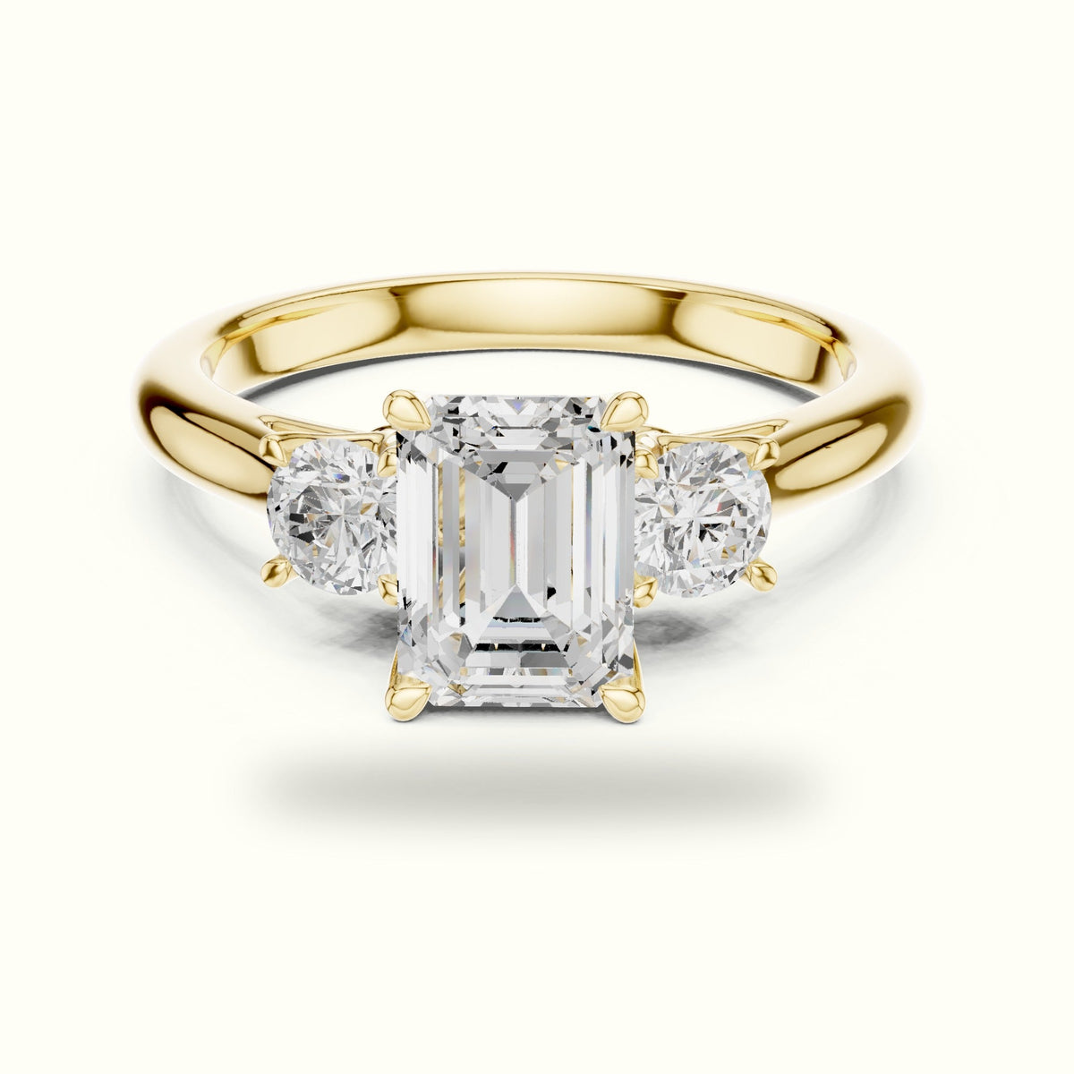 Emerald Three-Stone Lab-Grown Diamond Ring — Yellow gold, front view | Crystal N Cuts