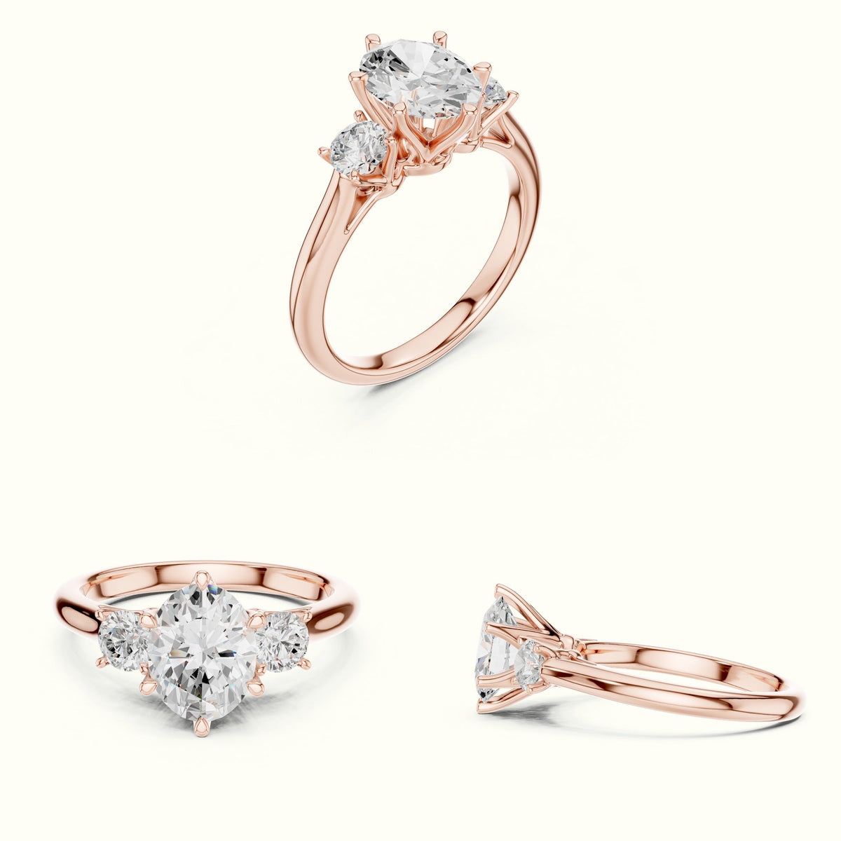 Oval Three-Stone Lab-Grown Diamond Ring — Rose gold, on the hand | Crystal N Cuts