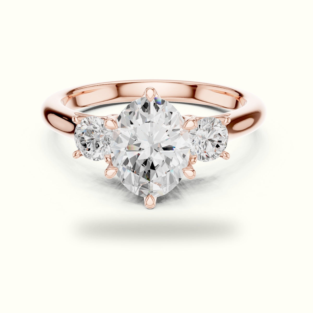 Oval Three-Stone Lab-Grown Diamond Ring — Rose gold, front view | Crystal N Cuts