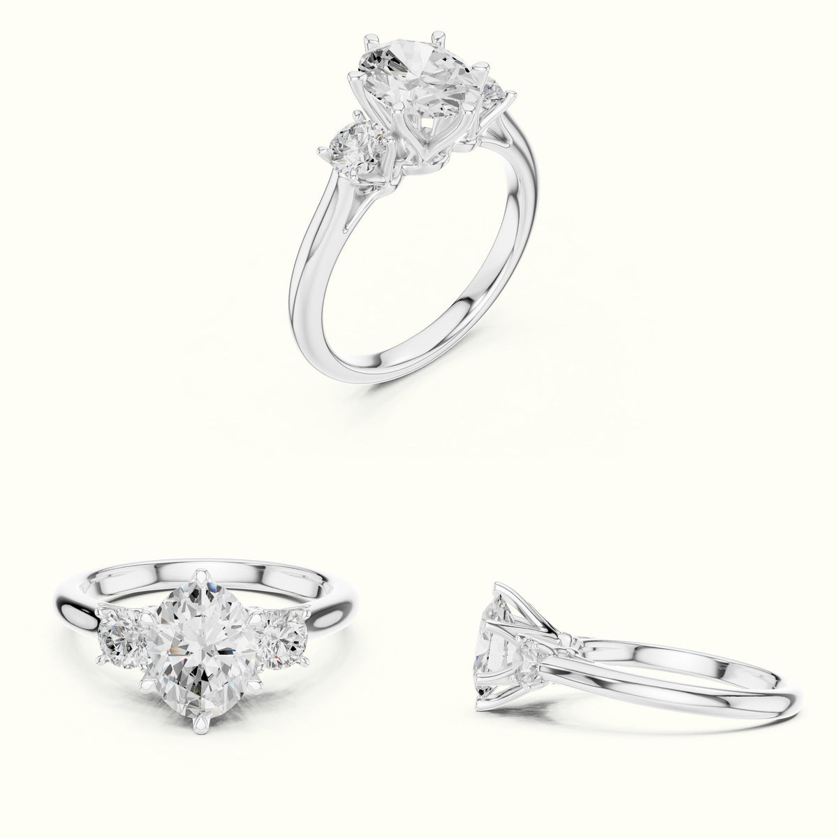 Oval Three-Stone Lab-Grown Diamond Ring — White gold, on the hand | Crystal N Cuts