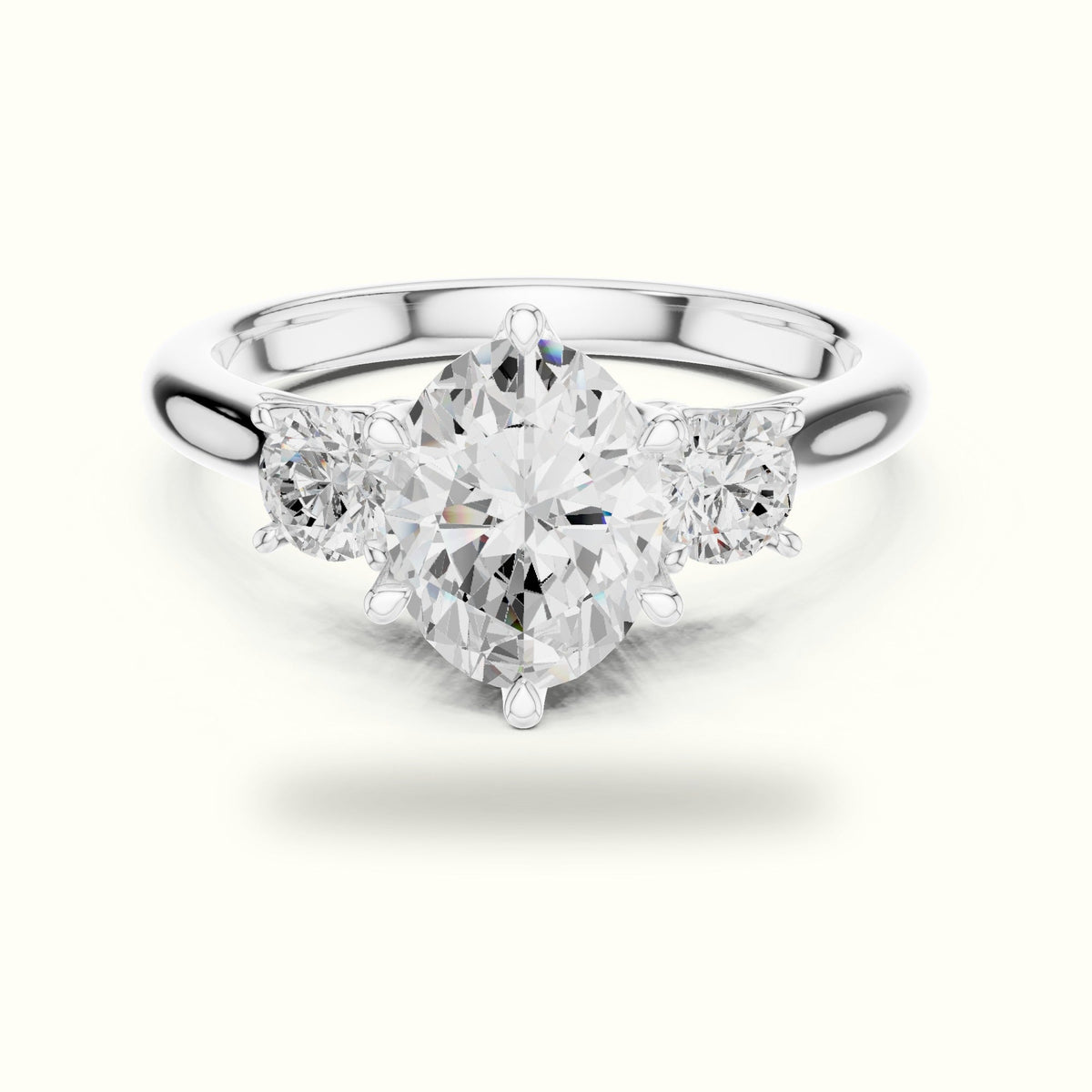 Oval Three-Stone Lab-Grown Diamond Ring — White gold, front view | Crystal N Cuts