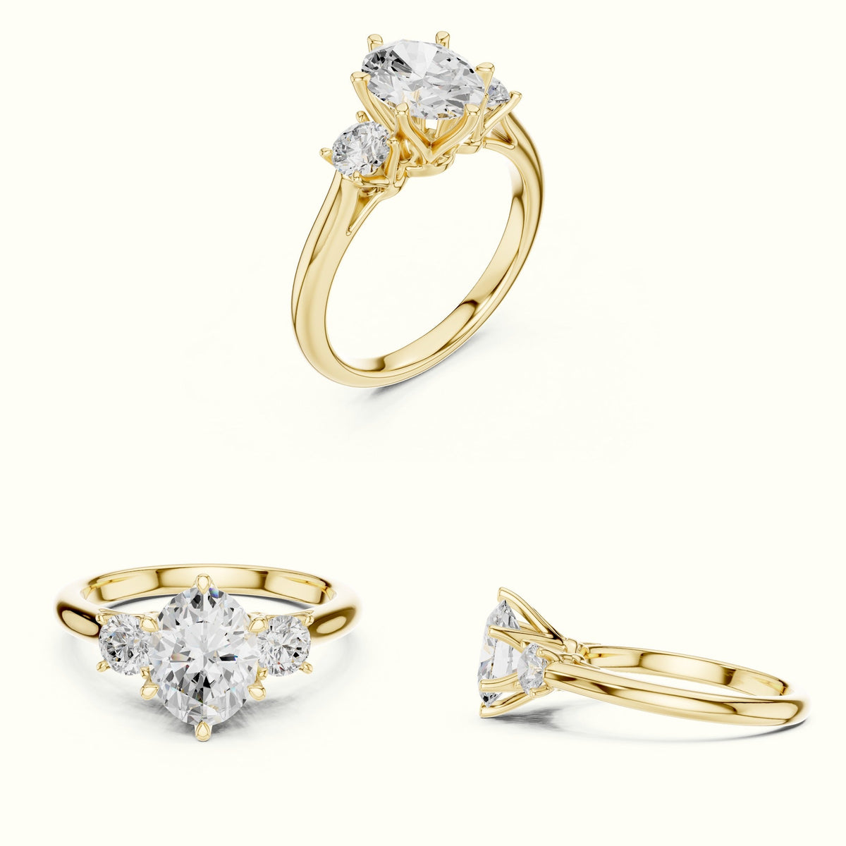 Oval Three-Stone Lab-Grown Diamond Ring — Yellow gold, on the hand | Crystal N Cuts