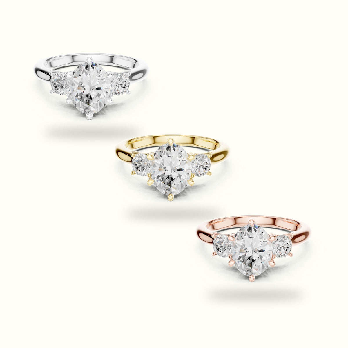 Oval Three-Stone Lab-Grown Diamond Ring — Yellow gold, front view | Crystal N Cuts