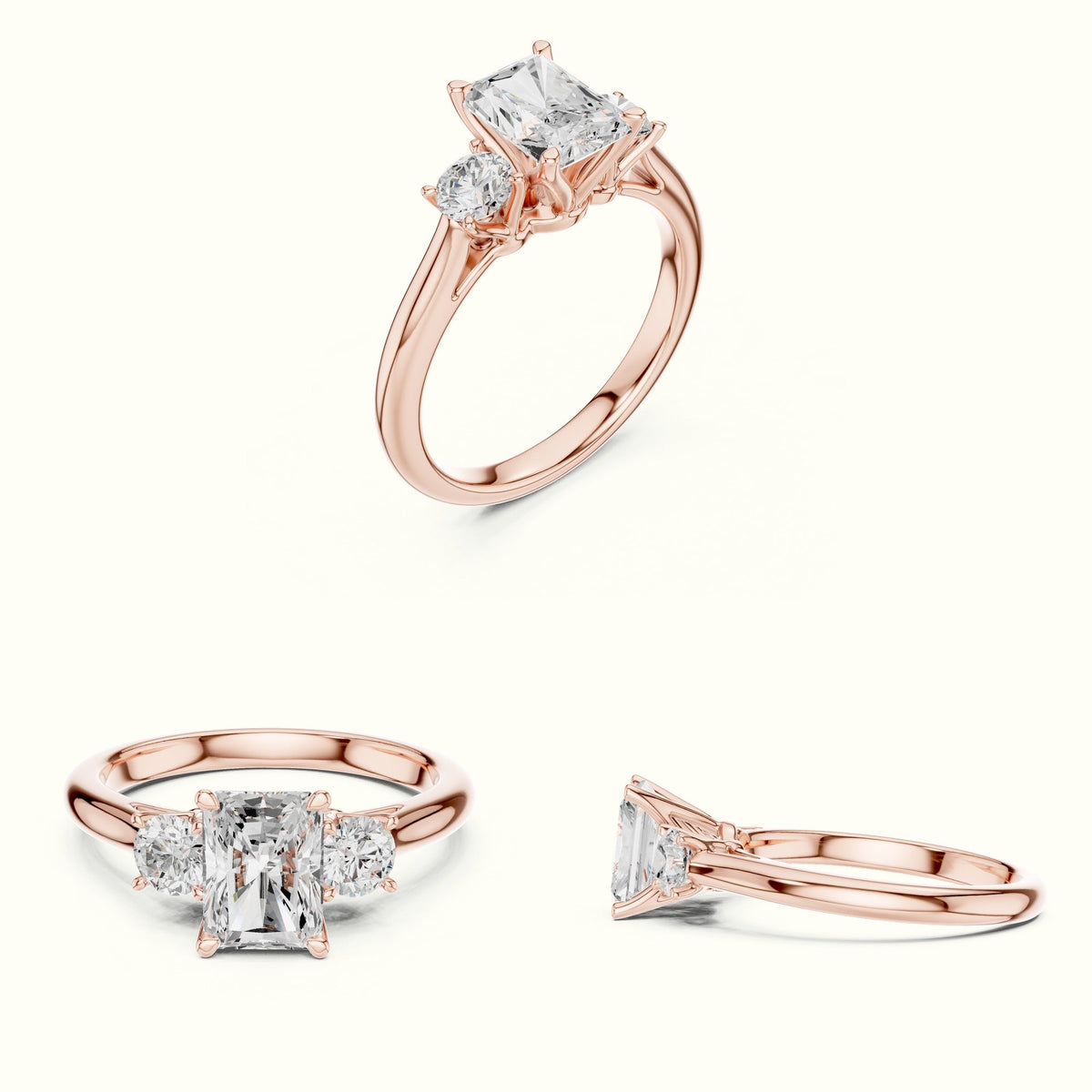 Radiant Three-Stone Lab-Grown Diamond Ring — Rose gold, on the hand | Crystal N Cuts