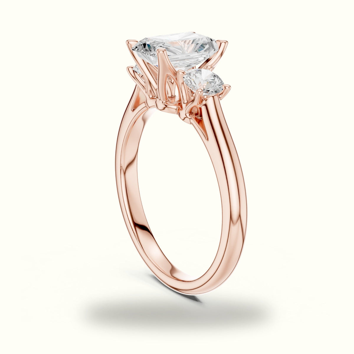 Radiant Three-Stone Lab-Grown Diamond Ring — Rose gold, view 1 | Crystal N Cuts