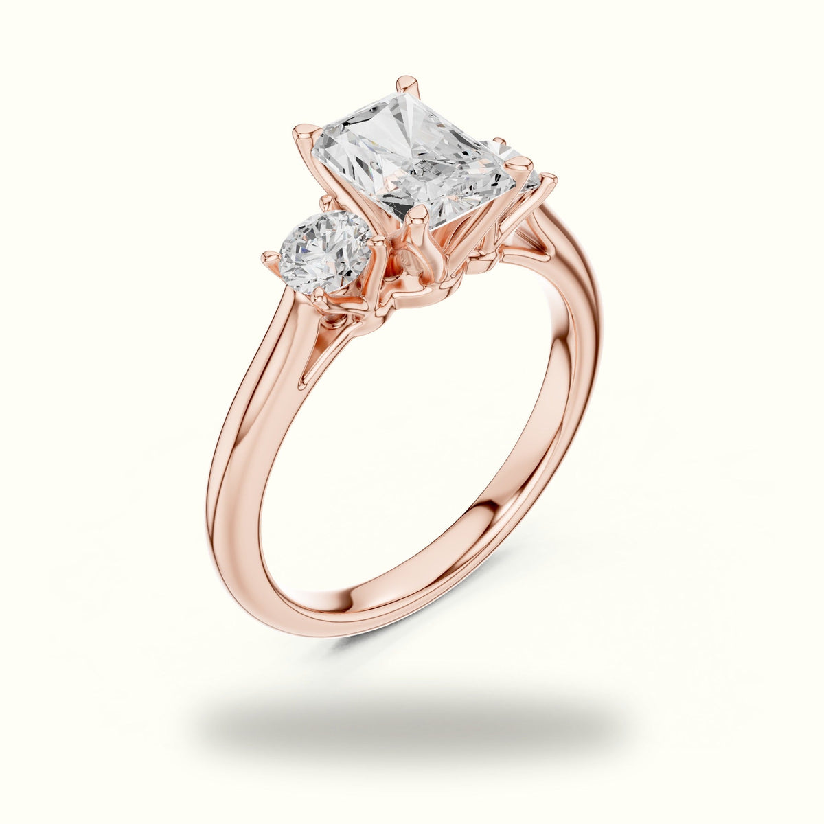 Radiant Three-Stone Lab-Grown Diamond Ring — Rose gold, view 2 | Crystal N Cuts