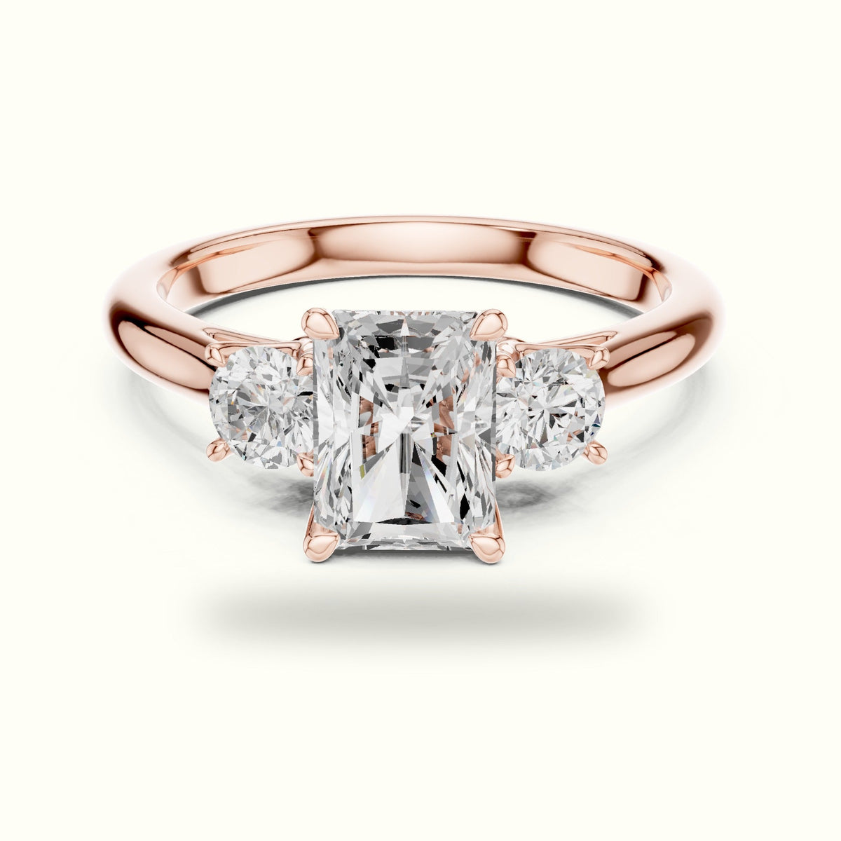 Radiant Three-Stone Lab-Grown Diamond Ring — Rose gold, front view | Crystal N Cuts