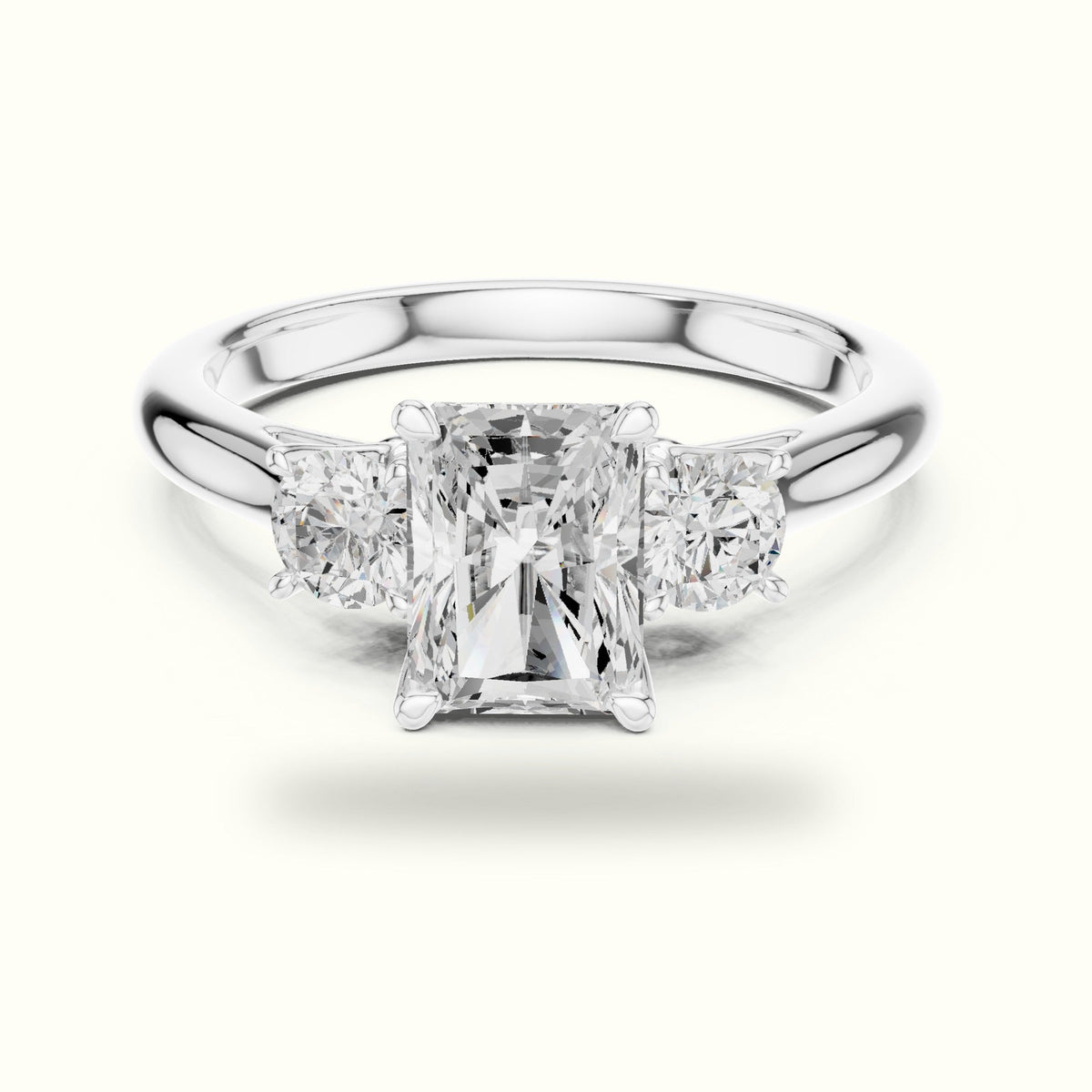 Radiant Three-Stone Lab-Grown Diamond Ring — White gold, front view | Crystal N Cuts