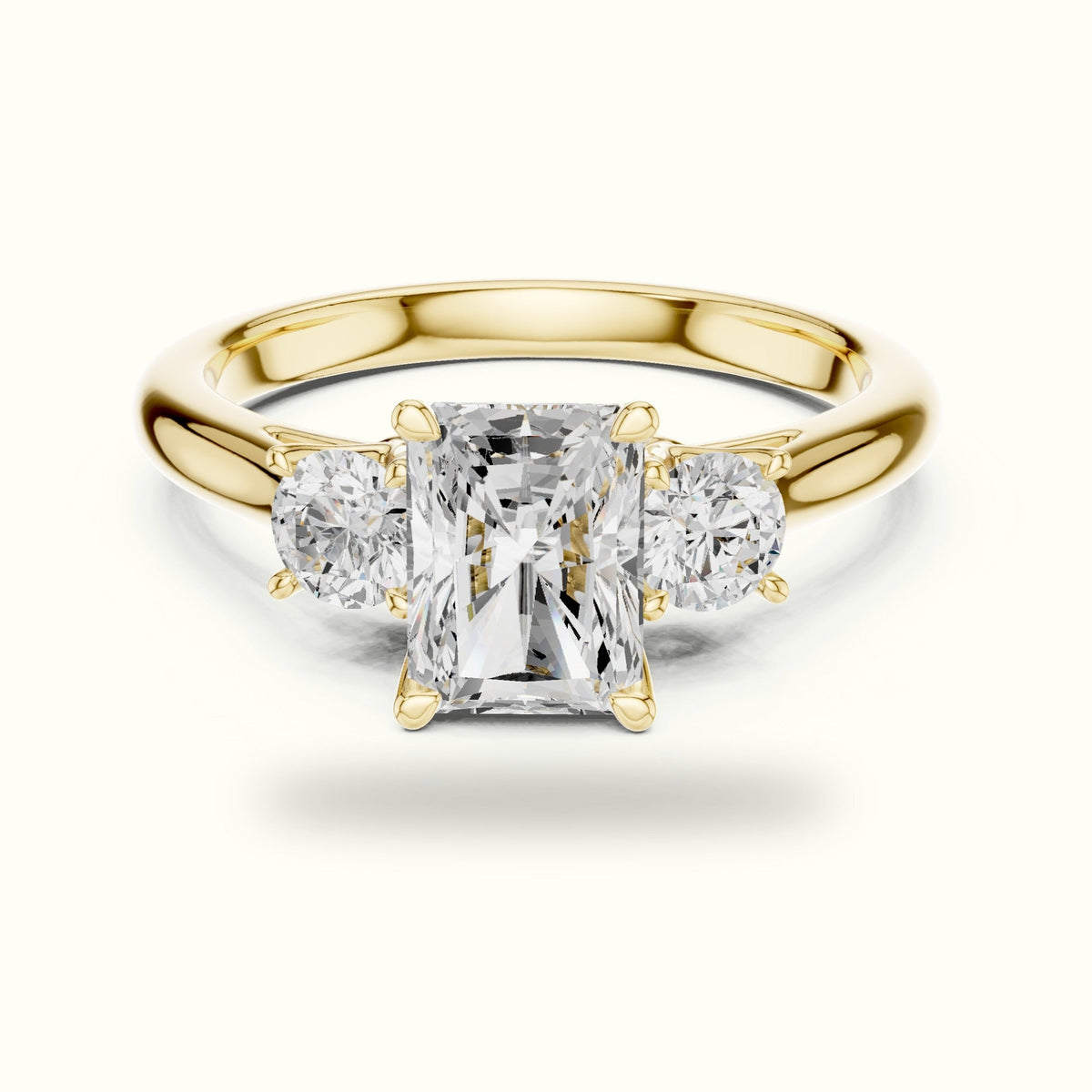 Radiant Three-Stone Lab-Grown Diamond Ring — Yellow gold, front view | Crystal N Cuts