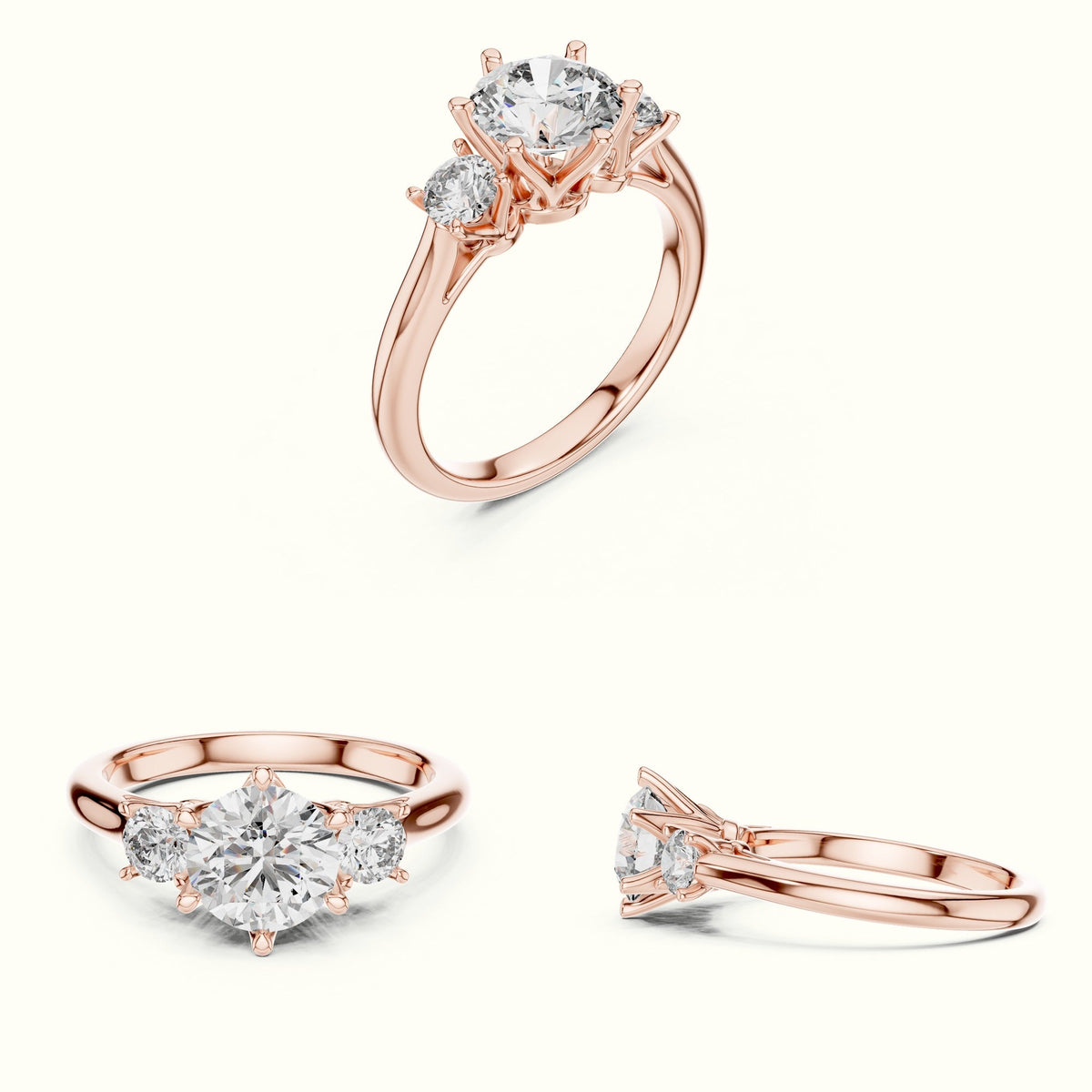 Round Three-Stone Lab-Grown Diamond Ring — Rose gold, on the hand | Crystal N Cuts