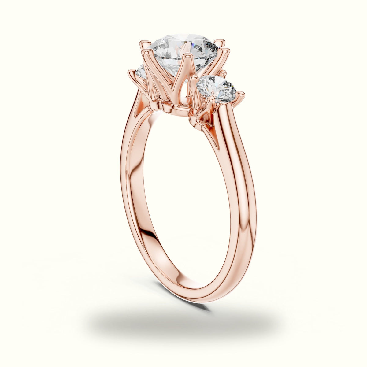 Round Three-Stone Lab-Grown Diamond Ring — Rose gold, view 1 | Crystal N Cuts