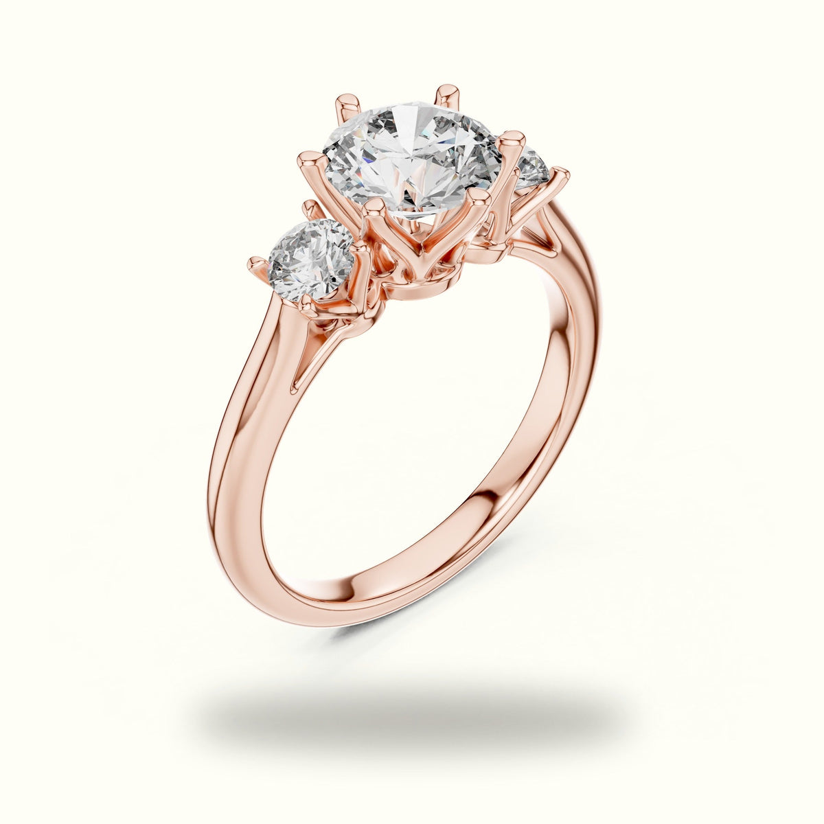 Round Three-Stone Lab-Grown Diamond Ring — Rose gold, view 2 | Crystal N Cuts