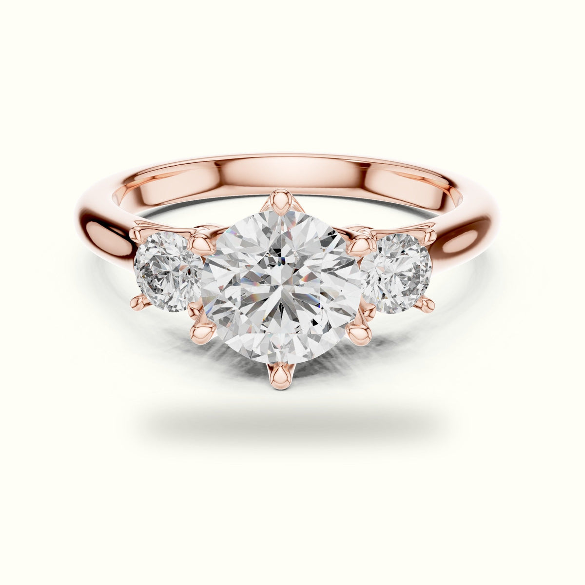 Round Three-Stone Lab-Grown Diamond Ring — Rose gold, front view | Crystal N Cuts