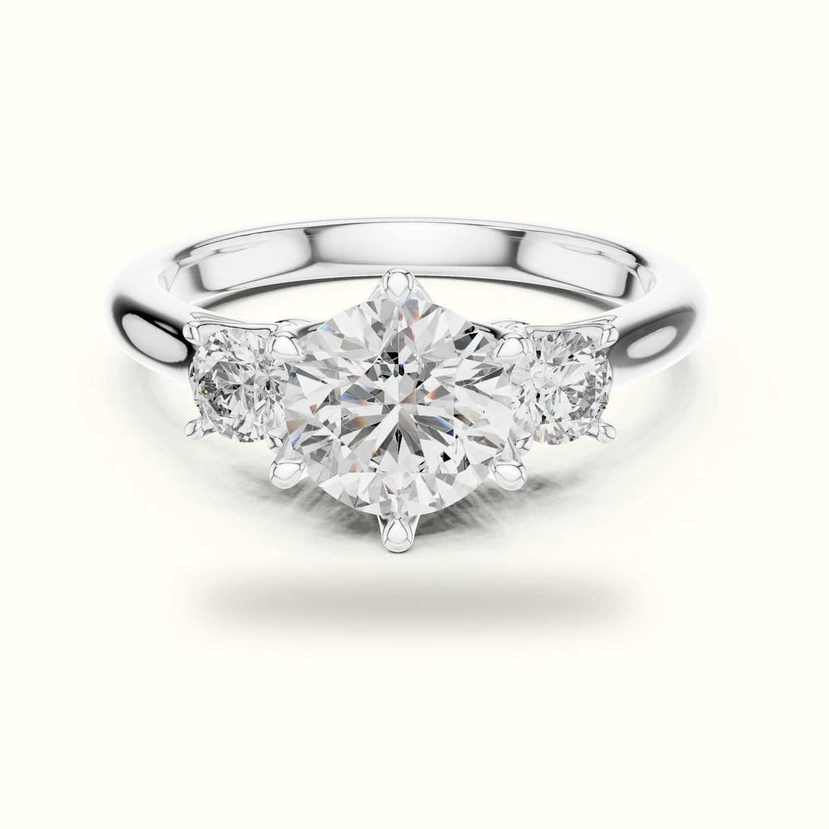Round Three-Stone Lab-Grown Diamond Ring — White gold, front view | Crystal N Cuts