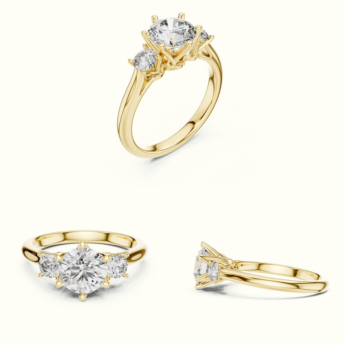 Round Three-Stone Lab-Grown Diamond Ring — Yellow gold, on the hand | Crystal N Cuts