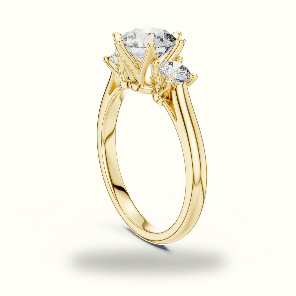 Round Three-Stone Lab-Grown Diamond Ring — Yellow gold, view 1 | Crystal N Cuts