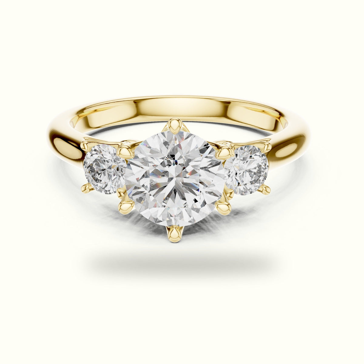 Round Three-Stone Lab-Grown Diamond Ring — Yellow gold, front view | Crystal N Cuts