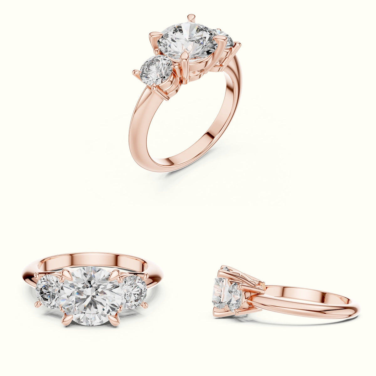 Round Claw Prongs Three-Stone Lab-Grown Diamond Ring — Rose gold, on the hand | Crystal N Cuts