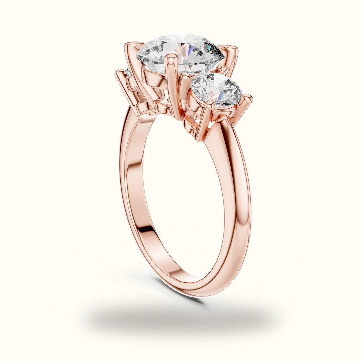 Round Claw Prongs Three-Stone Lab-Grown Diamond Ring — Rose gold, view 1 | Crystal N Cuts