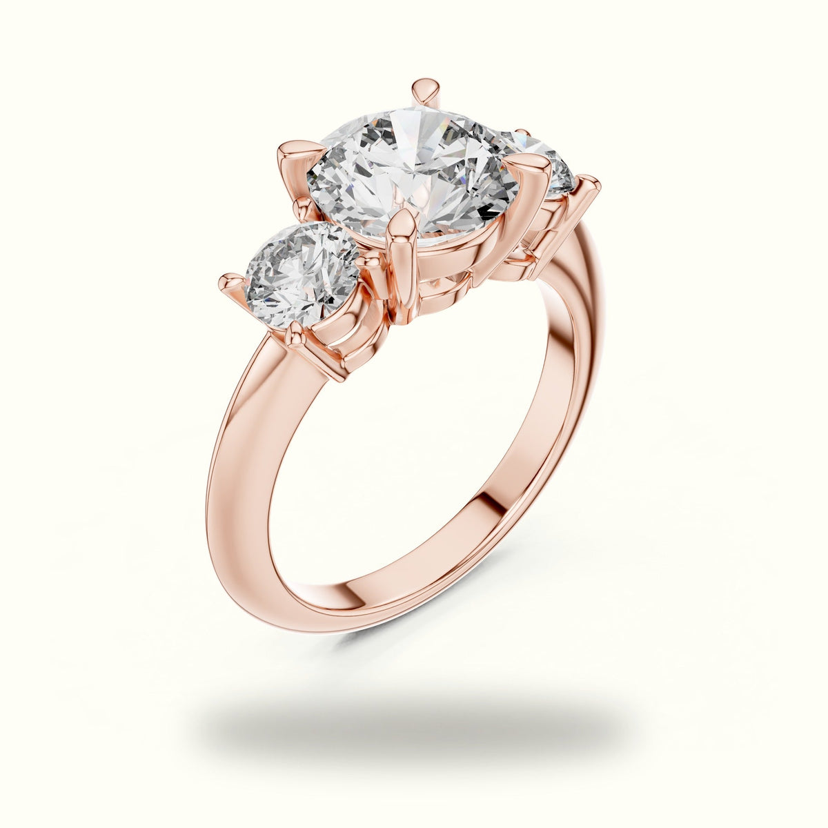 Round Claw Prongs Three-Stone Lab-Grown Diamond Ring — Rose gold, view 2 | Crystal N Cuts