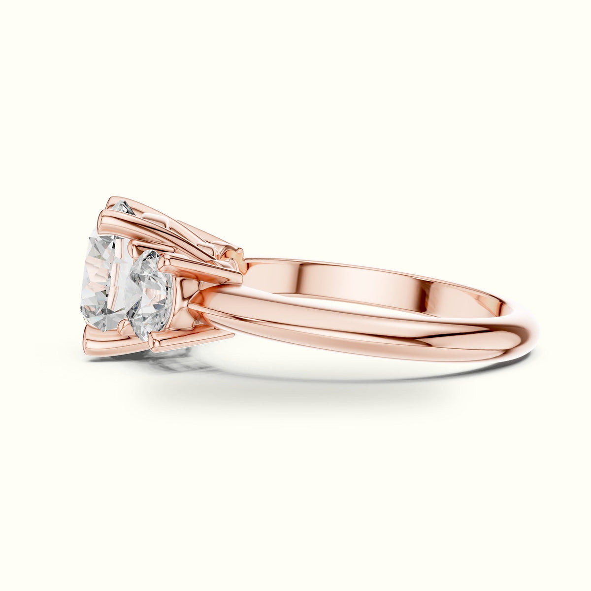 Round Claw Prongs Three-Stone Lab-Grown Diamond Ring — Rose gold, view 3 | Crystal N Cuts