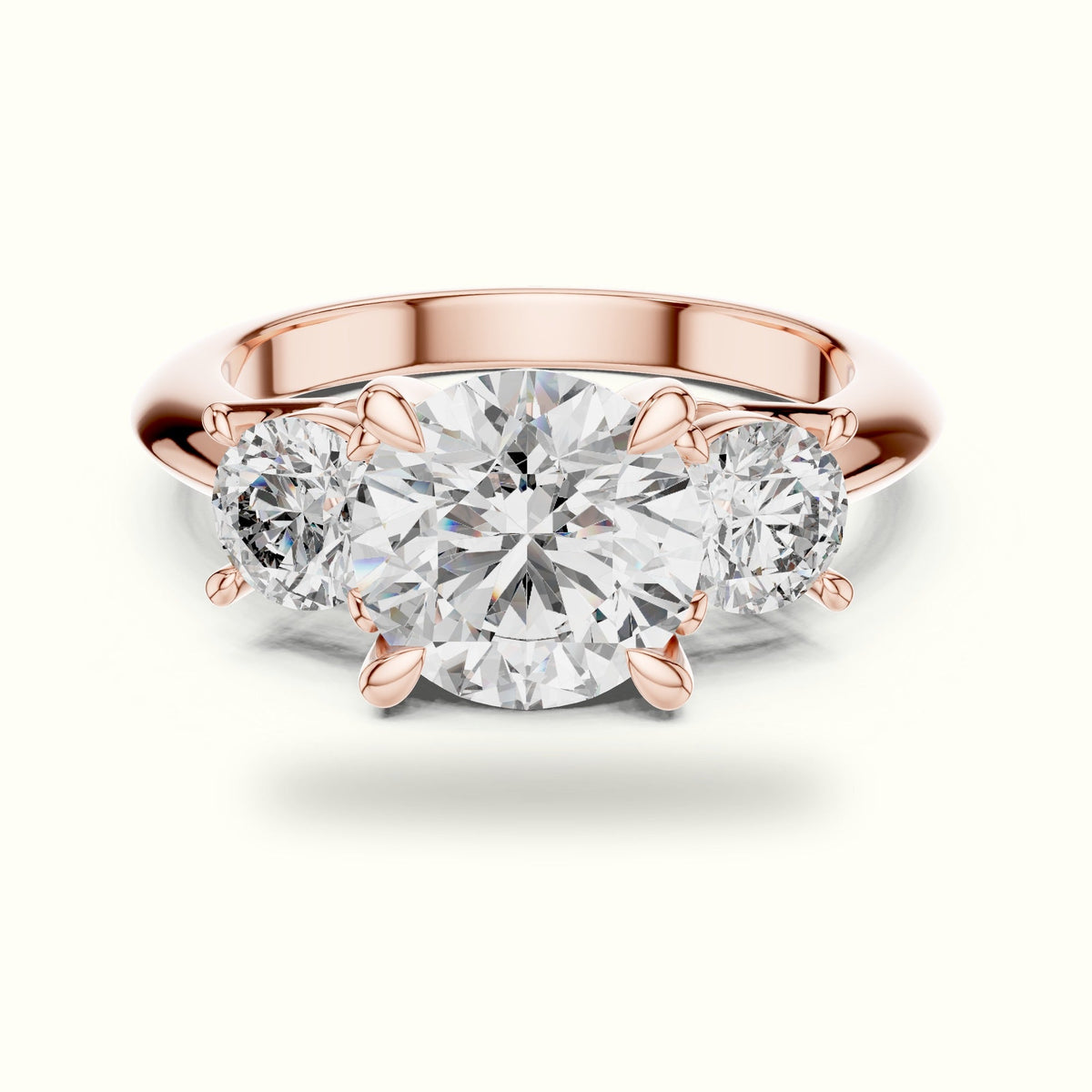 Round Claw Prongs Three-Stone Lab-Grown Diamond Ring — Rose gold, front view | Crystal N Cuts
