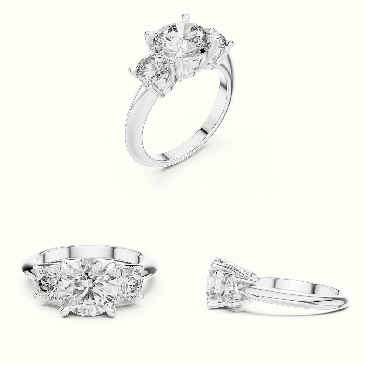Round Claw Prongs Three-Stone Lab-Grown Diamond Ring — White gold, on the hand | Crystal N Cuts