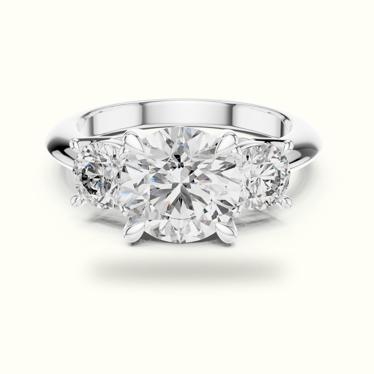 Round Claw Prongs Three-Stone Lab-Grown Diamond Ring — White gold, front view | Crystal N Cuts