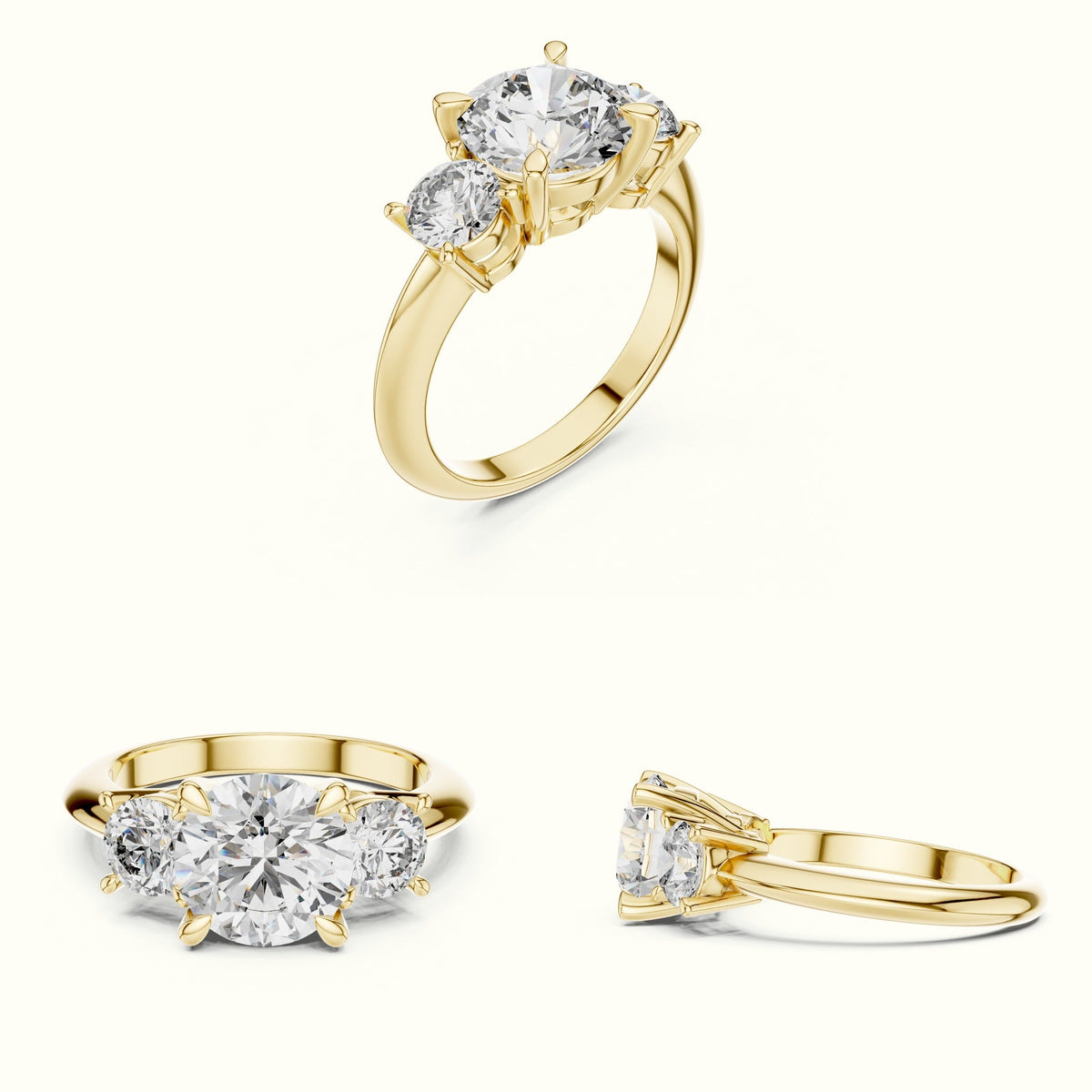 Round Claw Prongs Three-Stone Lab-Grown Diamond Ring — Yellow gold, on the hand | Crystal N Cuts