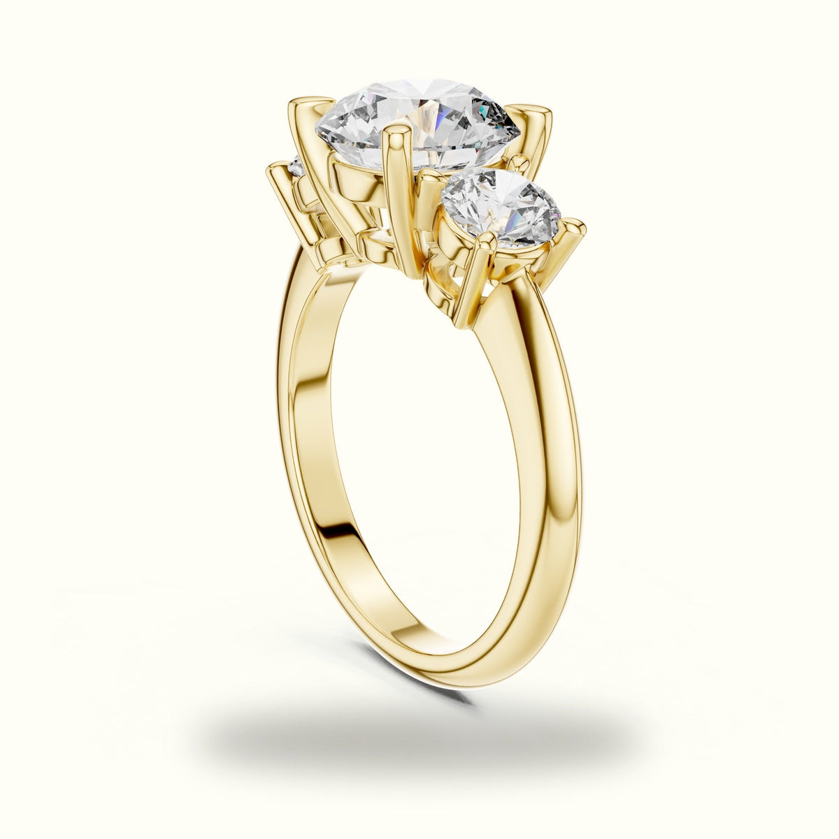Round Claw Prongs Three-Stone Lab-Grown Diamond Ring — Yellow gold, view 1 | Crystal N Cuts