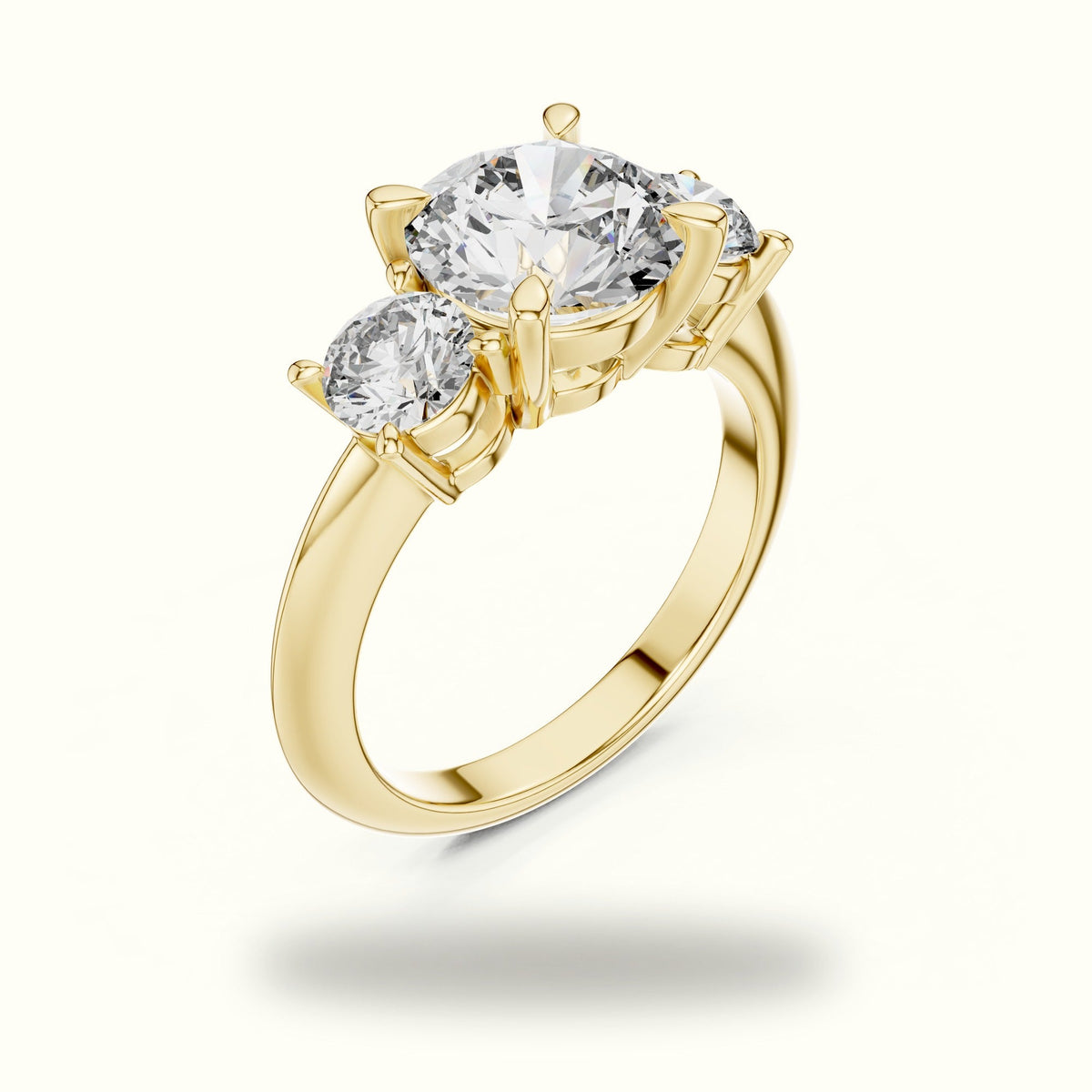 Round Claw Prongs Three-Stone Lab-Grown Diamond Ring — Yellow gold, view 2 | Crystal N Cuts