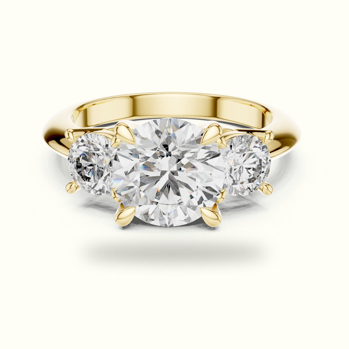Round Claw Prongs Three-Stone Lab-Grown Diamond Ring — Yellow gold, front view | Crystal N Cuts