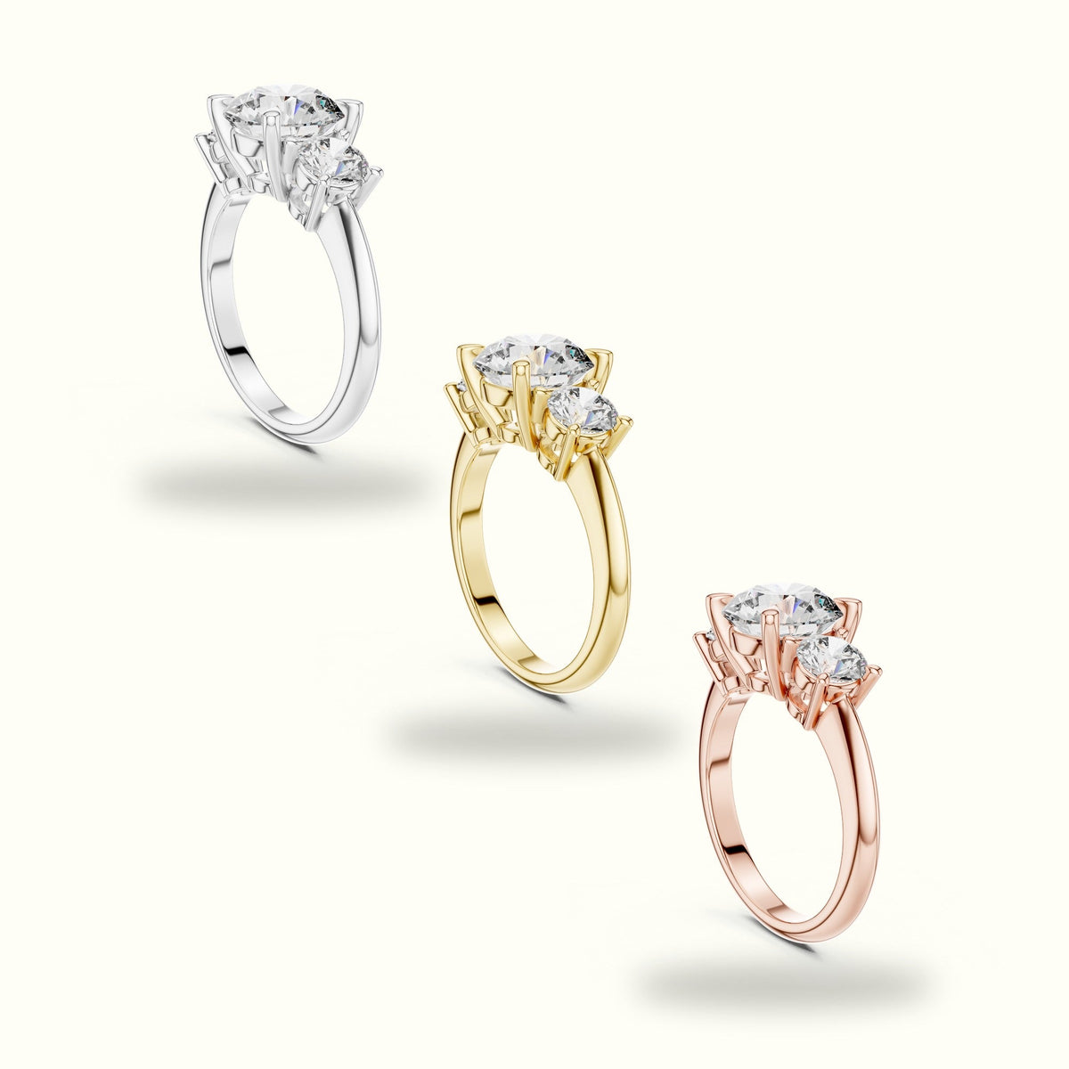 Round Claw Prongs Three-Stone Lab-Grown Diamond Ring — Yellow gold, in yellow, white and rose gold | Crystal N Cuts