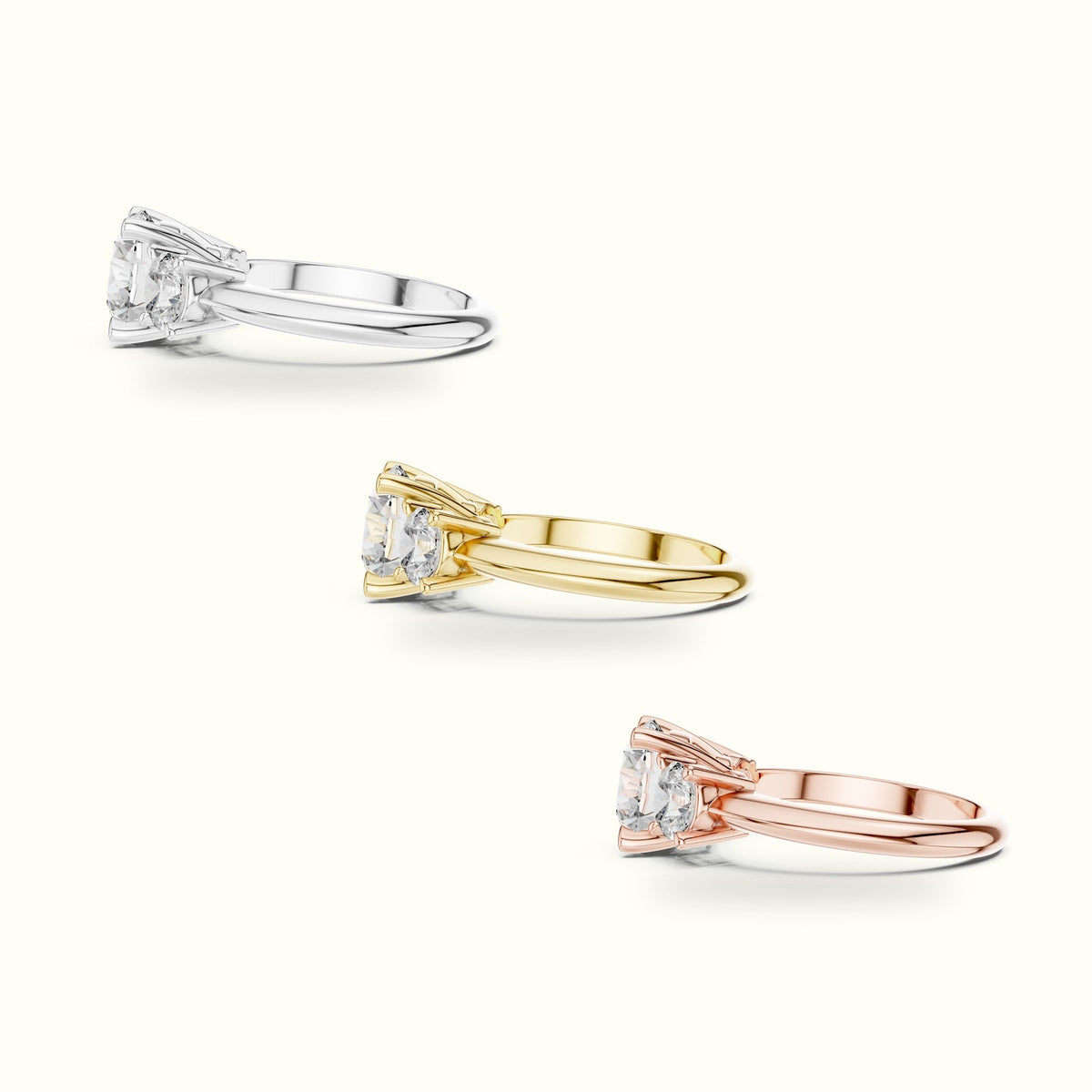 Round Claw Prongs Three-Stone Lab-Grown Diamond Ring — Rose gold, in yellow, white and rose gold | Crystal N Cuts