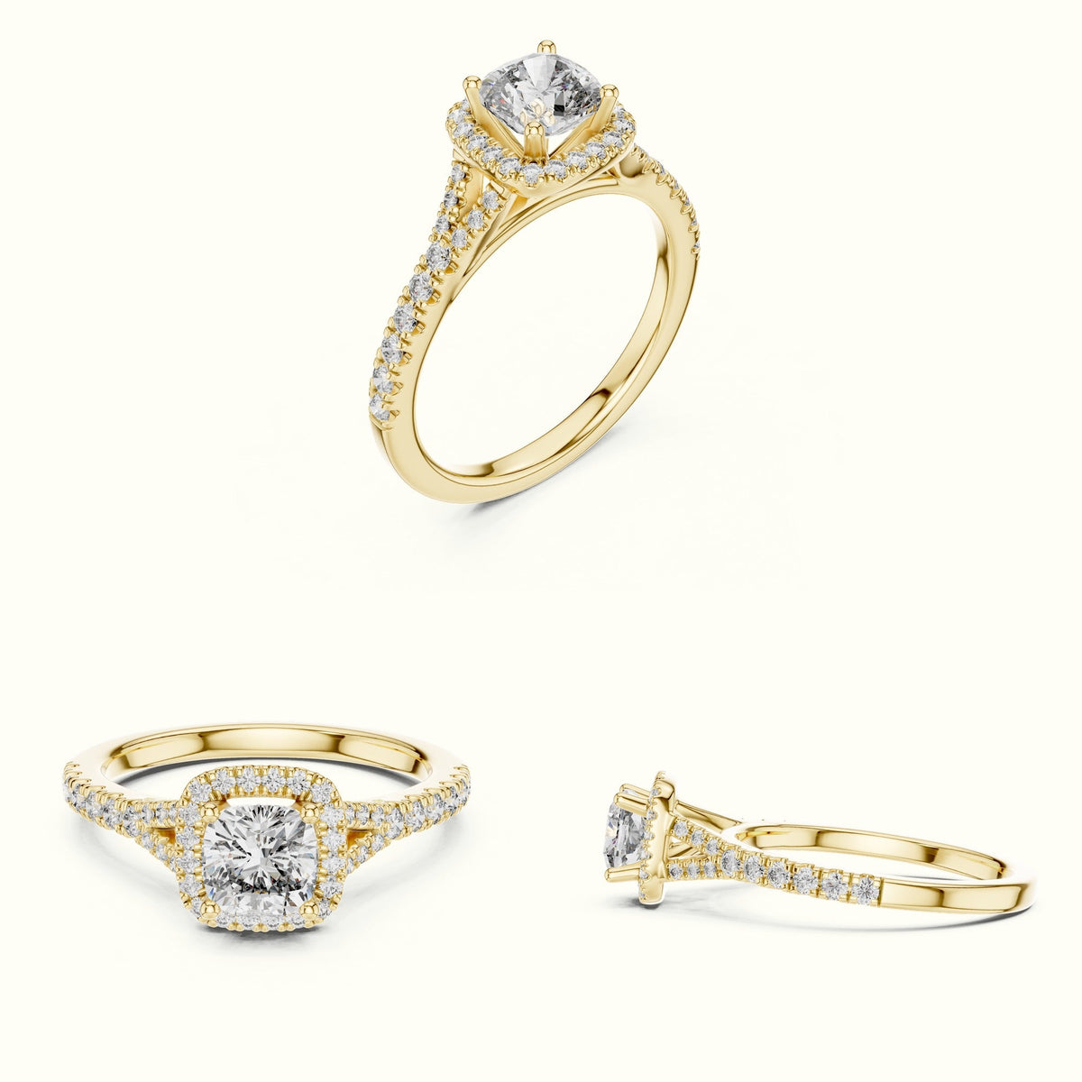 Cushion Halo Lab-Grown Diamond Ring — Yellow gold, on the hand | Crystal N Cuts
