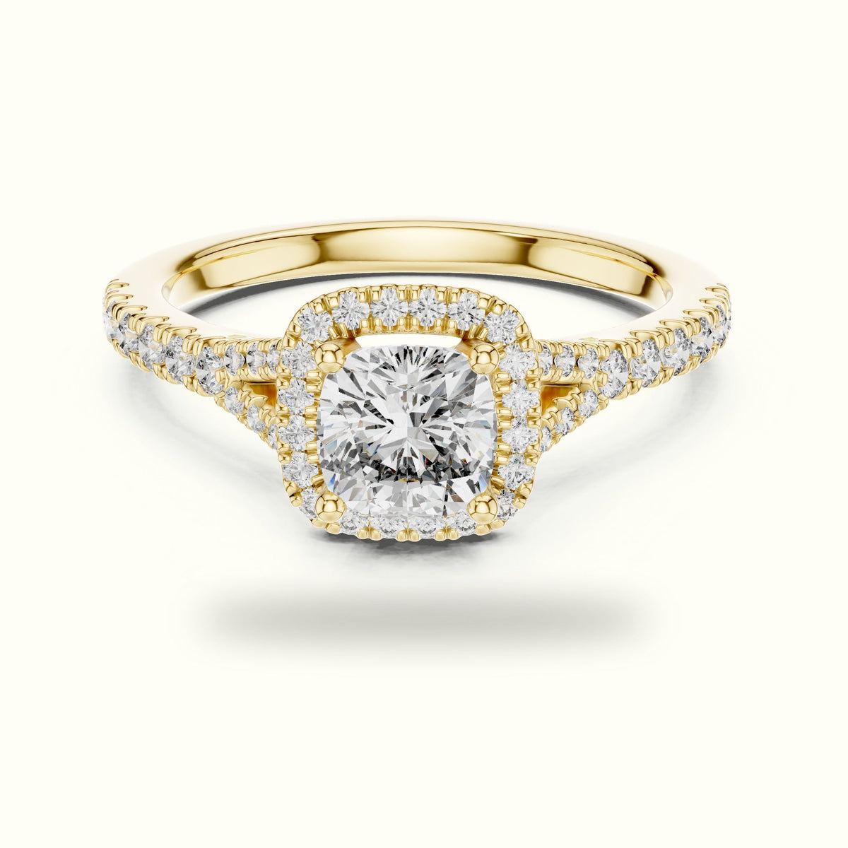 Cushion Halo Lab-Grown Diamond Ring — Yellow gold, front view | Crystal N Cuts
