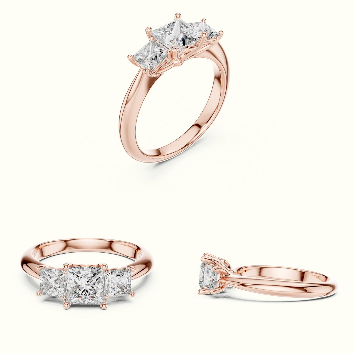 Princess Three-Stone Lab-Grown Diamond Ring — Rose gold, on the hand | Crystal N Cuts
