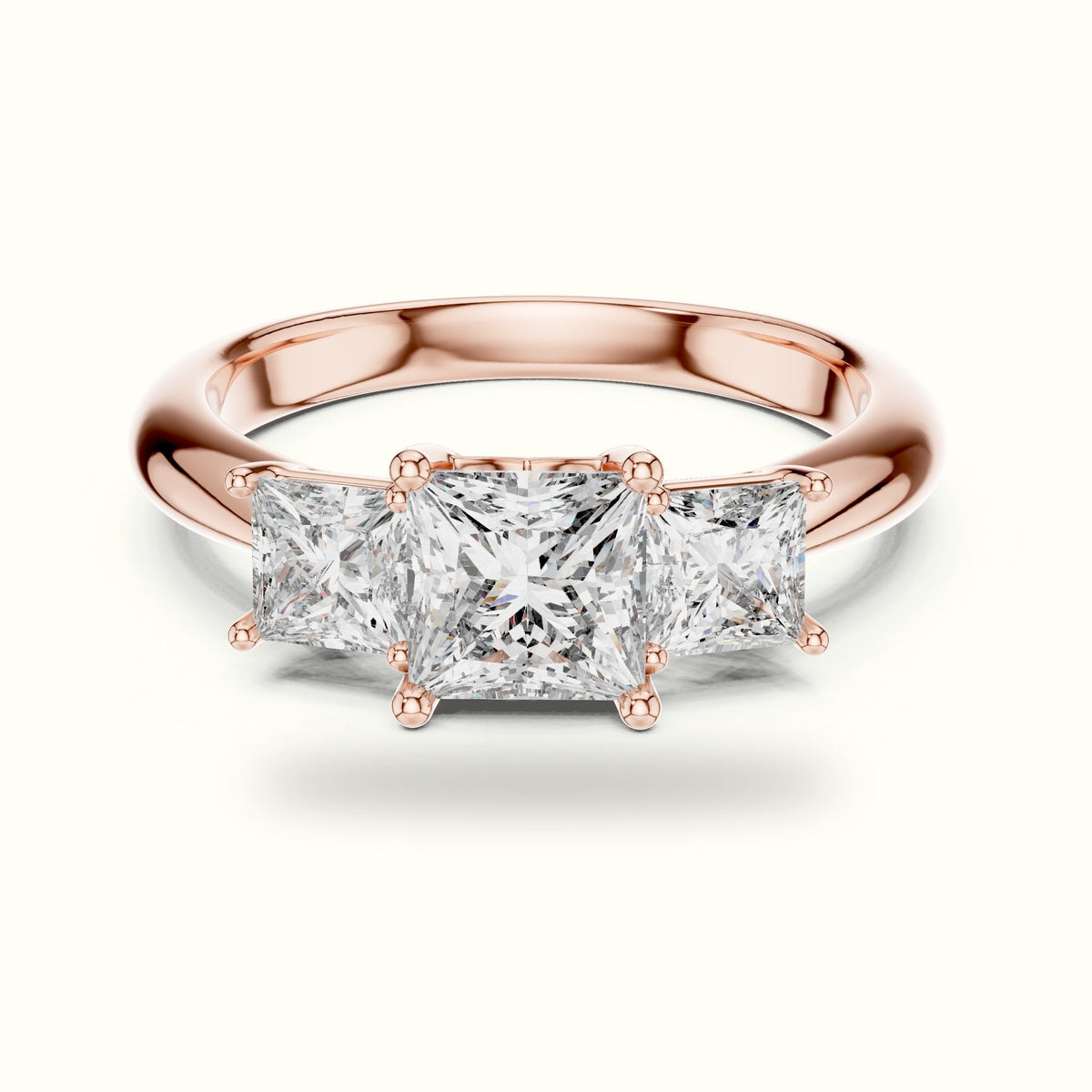 Princess Three-Stone Lab-Grown Diamond Ring — Rose gold, front view | Crystal N Cuts