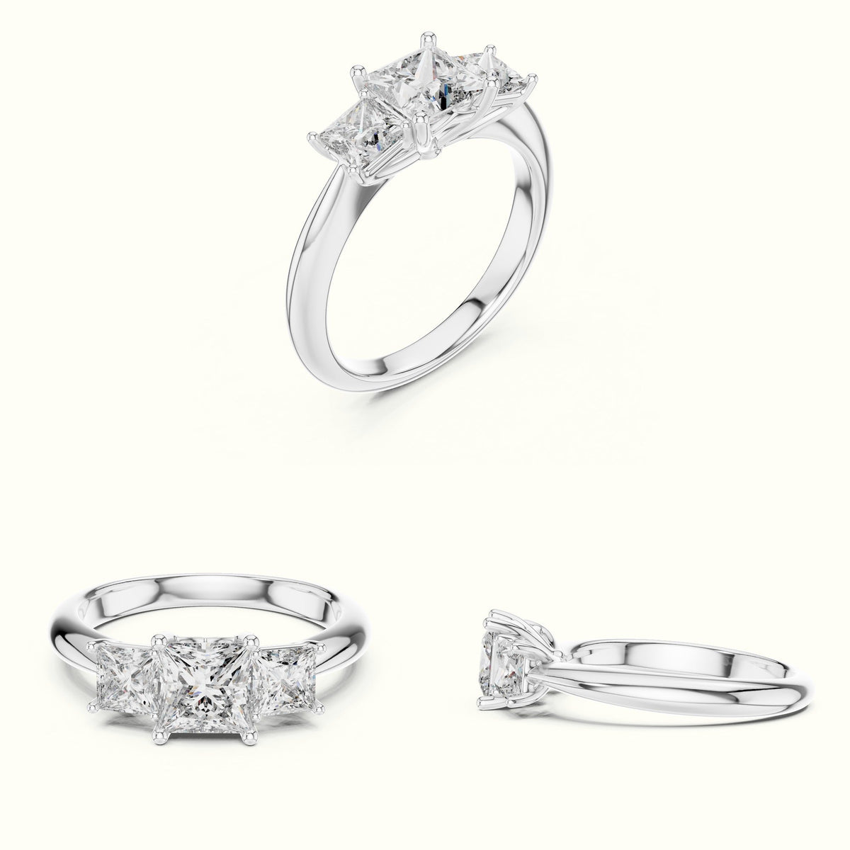 Princess Three-Stone Lab-Grown Diamond Ring — White gold, on the hand | Crystal N Cuts