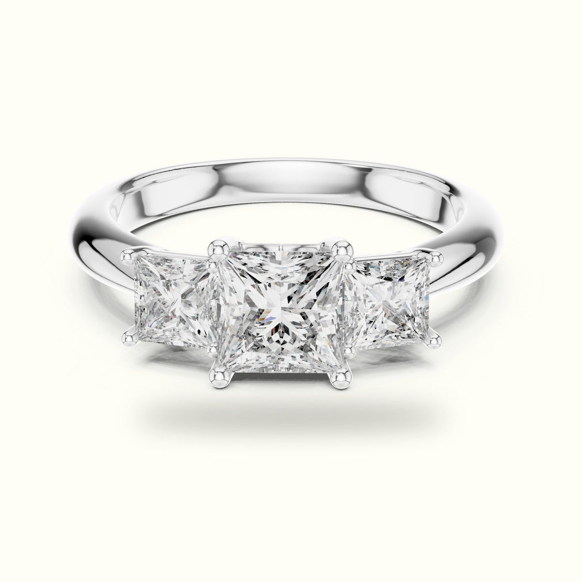 Princess Three-Stone Lab-Grown Diamond Ring — White gold, front view | Crystal N Cuts