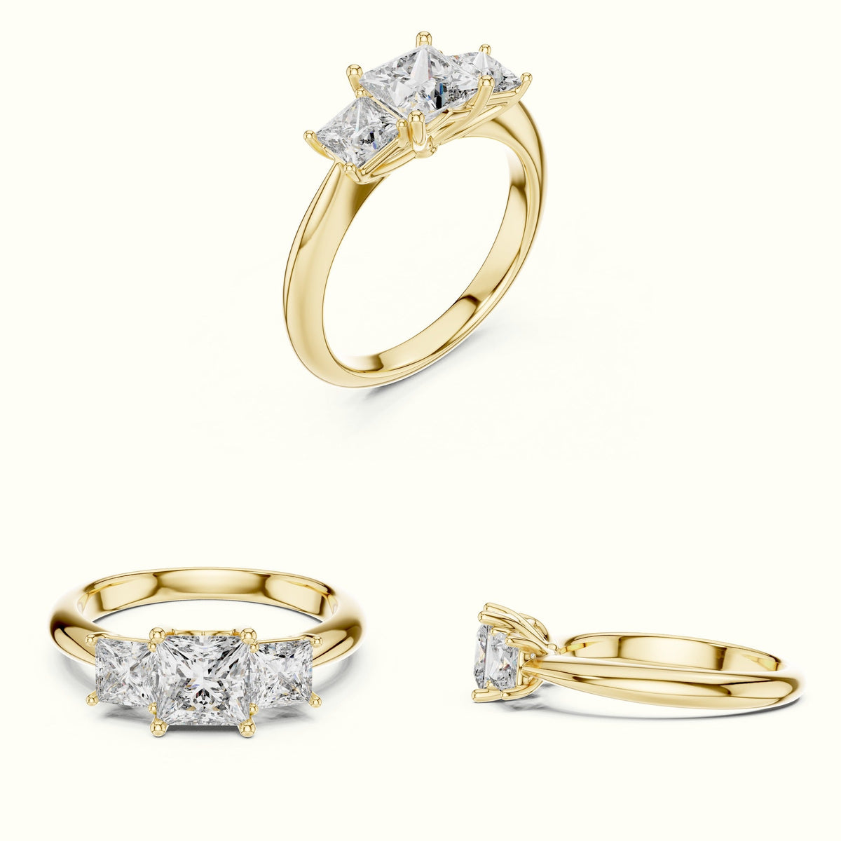 Princess Three-Stone Lab-Grown Diamond Ring — Yellow gold, on the hand | Crystal N Cuts