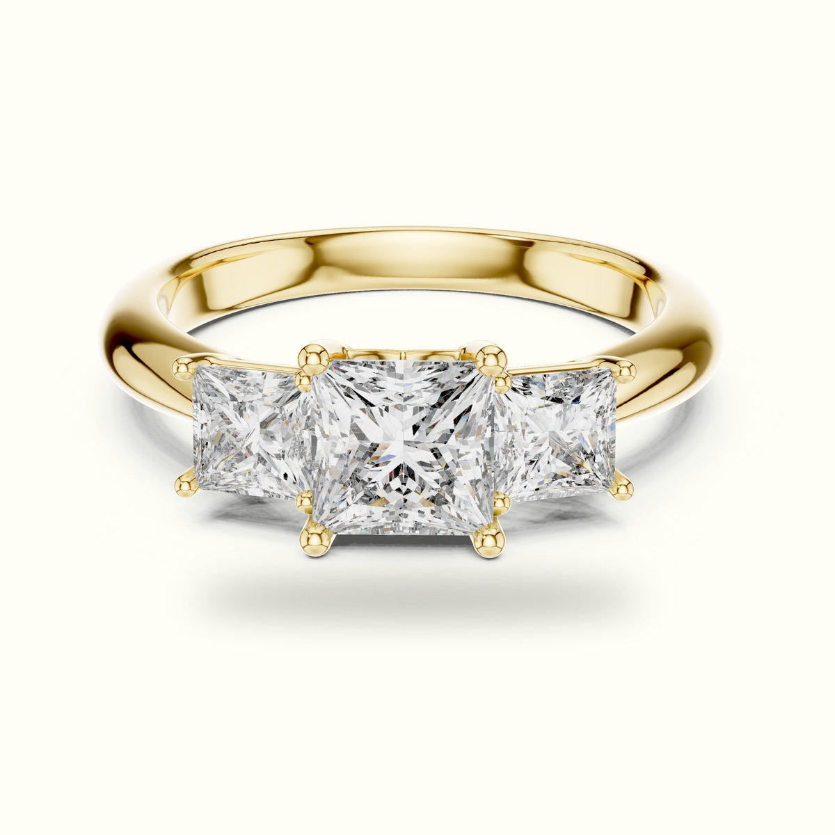 Princess Three-Stone Lab-Grown Diamond Ring — Yellow gold, front view | Crystal N Cuts