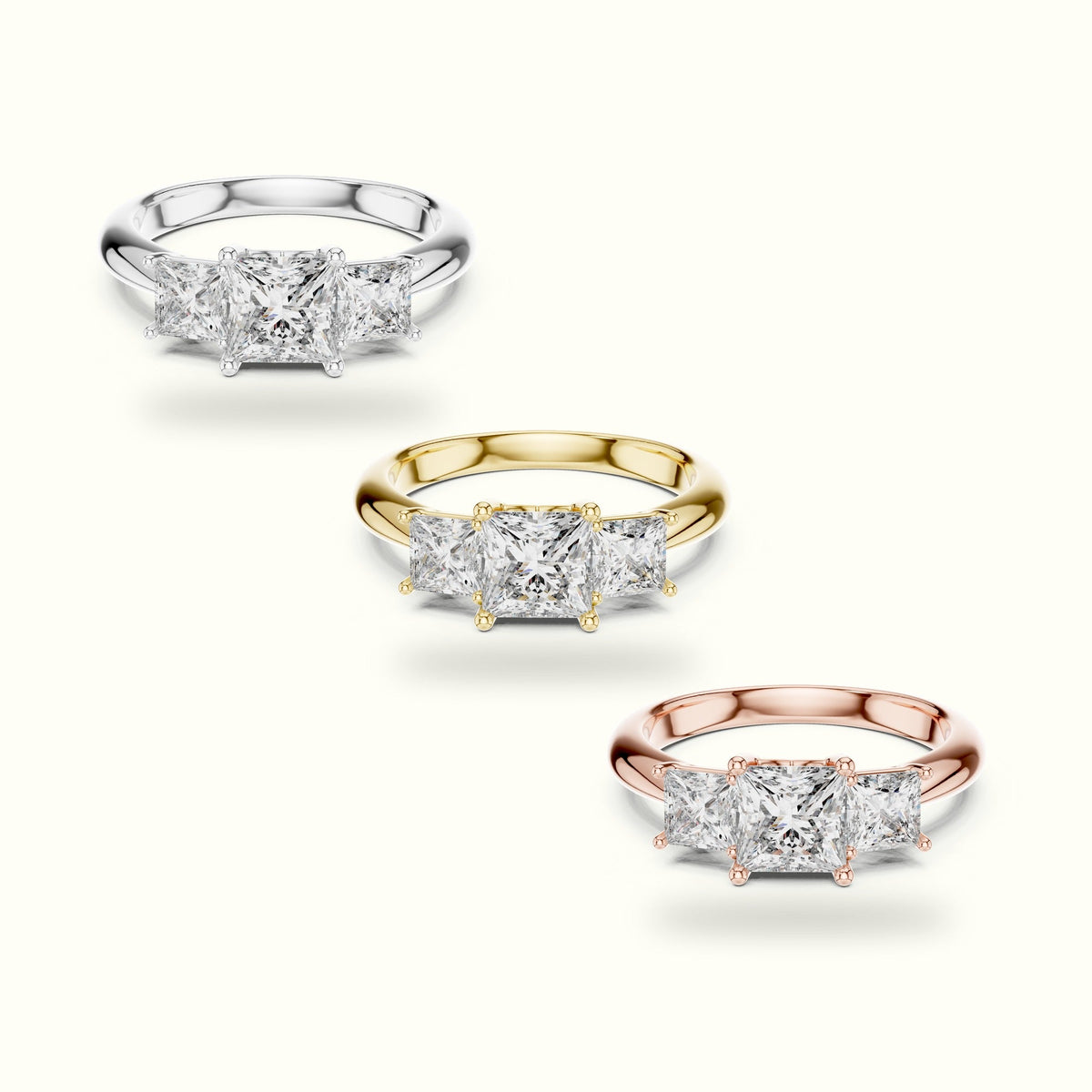 Princess Three-Stone Lab-Grown Diamond Ring — White gold, front view | Crystal N Cuts