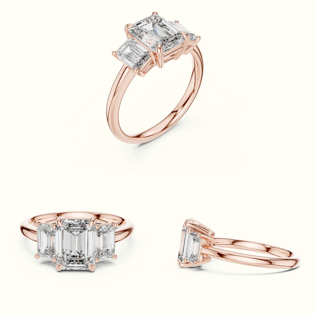 Emerald Three-Stone Lab-Grown Diamond Ring — Rose gold, on the hand | Crystal N Cuts