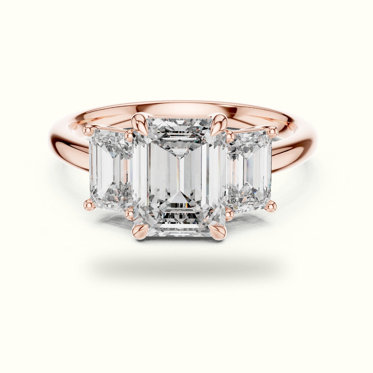 Emerald Three-Stone Lab-Grown Diamond Ring — Rose gold, front view | Crystal N Cuts