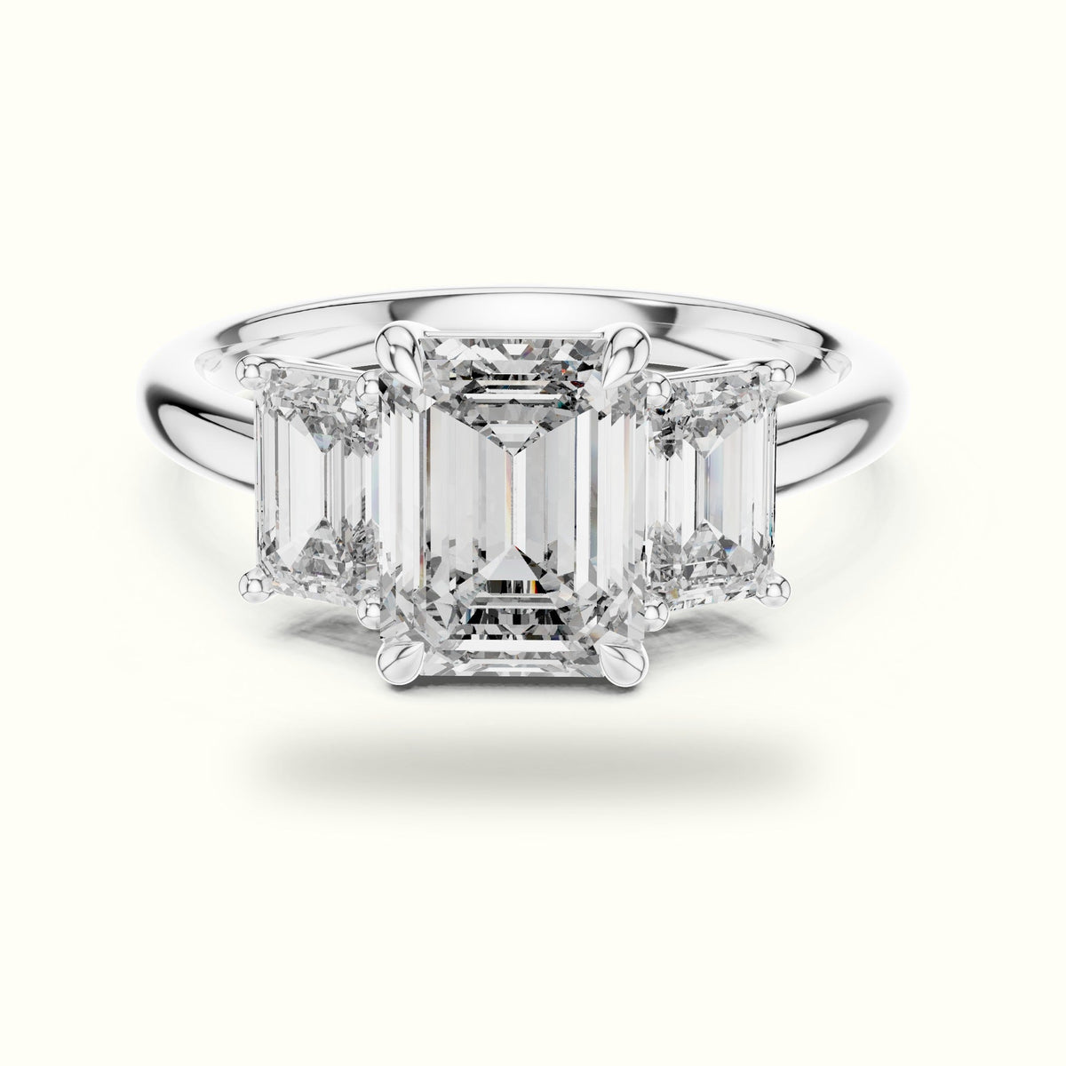 Emerald Three-Stone Lab-Grown Diamond Ring — White gold, front view | Crystal N Cuts
