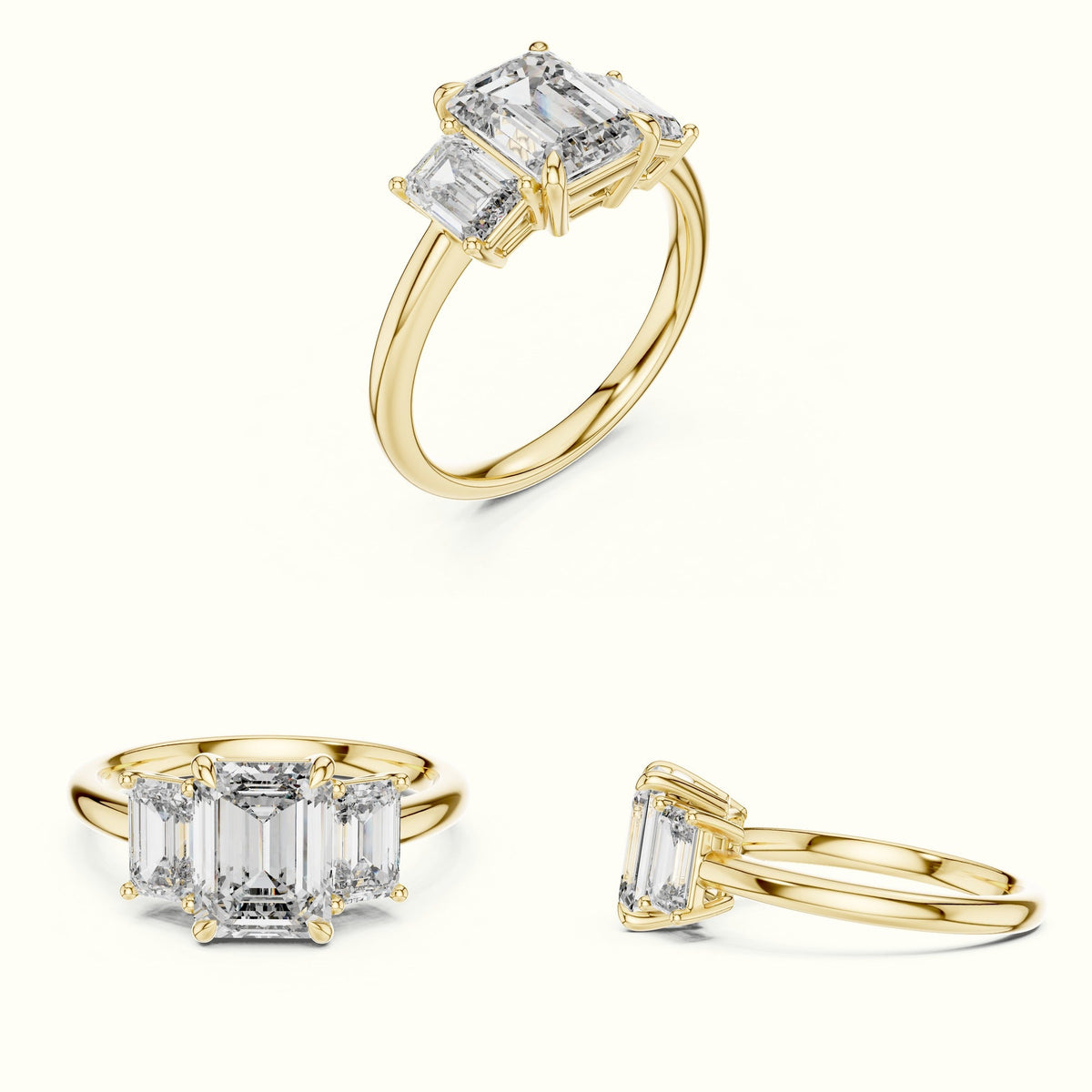 Emerald Three-Stone Lab-Grown Diamond Ring — Yellow gold, on the hand | Crystal N Cuts