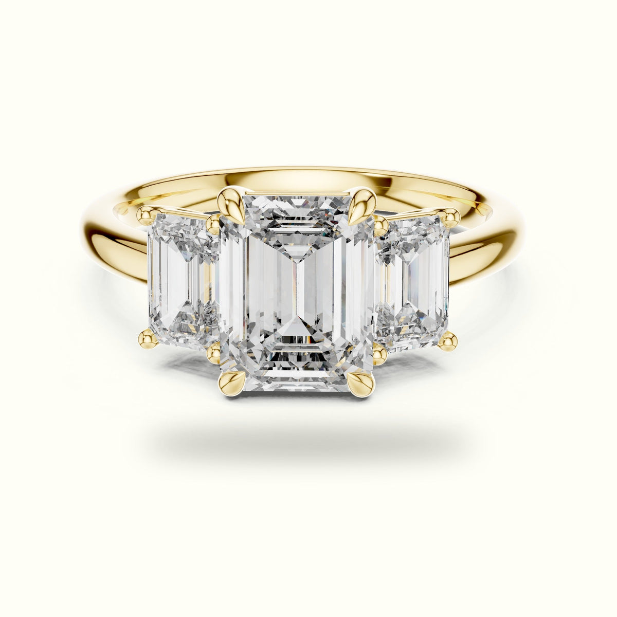 Emerald Three-Stone Lab-Grown Diamond Ring — Yellow gold, front view | Crystal N Cuts
