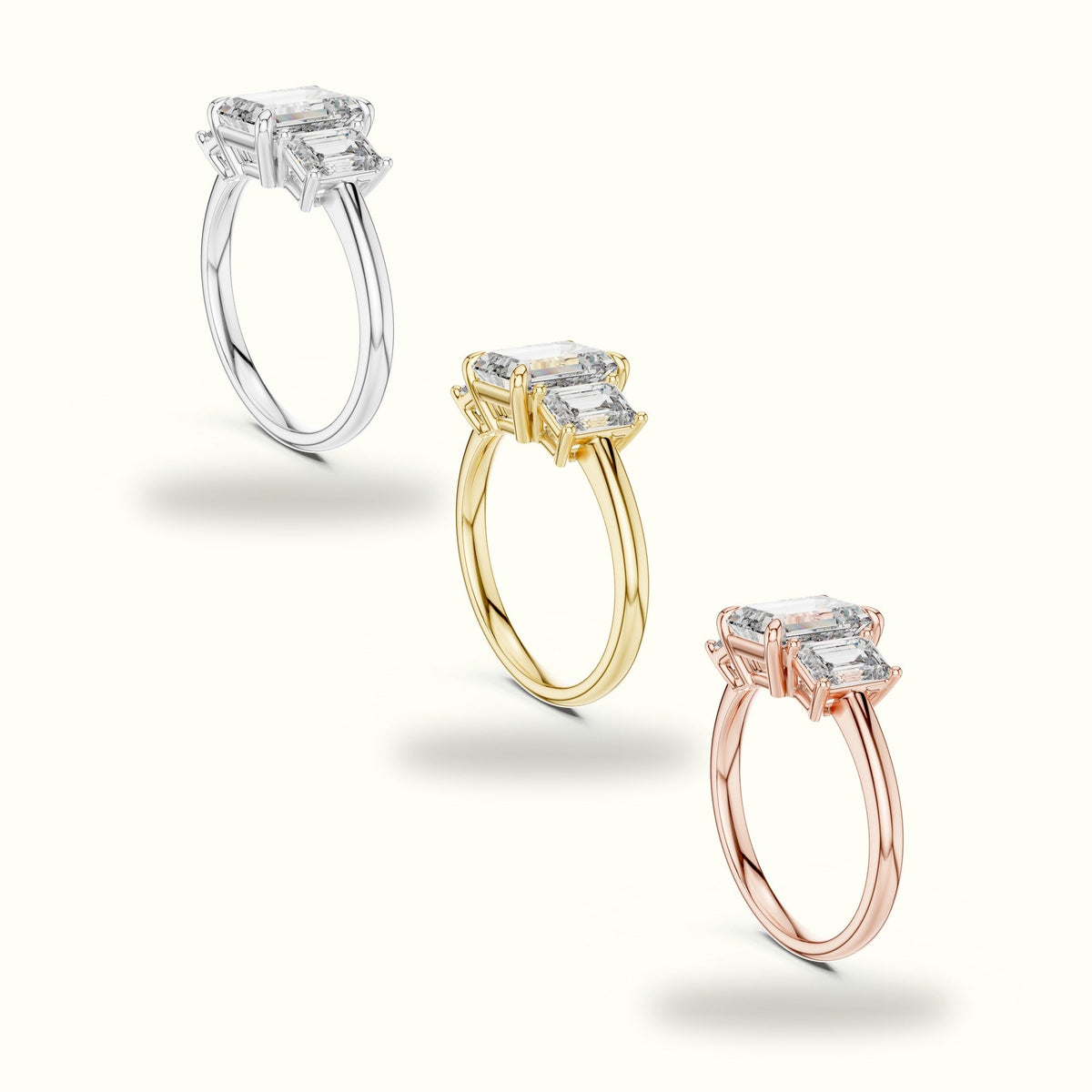 Emerald Three-Stone Lab-Grown Diamond Ring — White gold, in yellow, white and rose gold | Crystal N Cuts