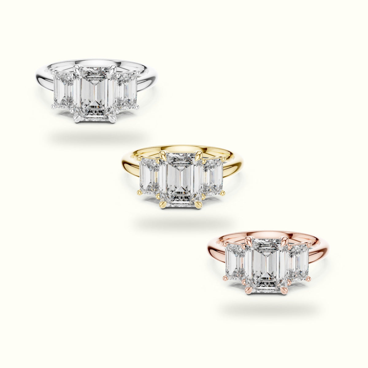 Emerald Three-Stone Lab-Grown Diamond Ring — Yellow gold, front view | Crystal N Cuts